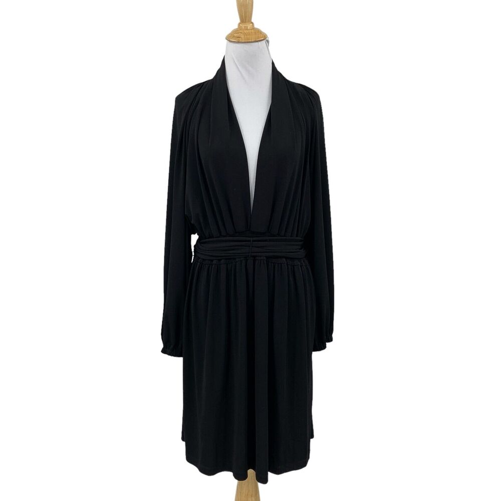 Muse Boston Proper Dress Women 14 Black Poet Sleeve Low V Neck Tie Smocked Waist